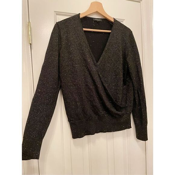 Lafayette 148 New York Sequin Metallic V-Neck Sweater Black Small Silk blend - Picture 6 of 10